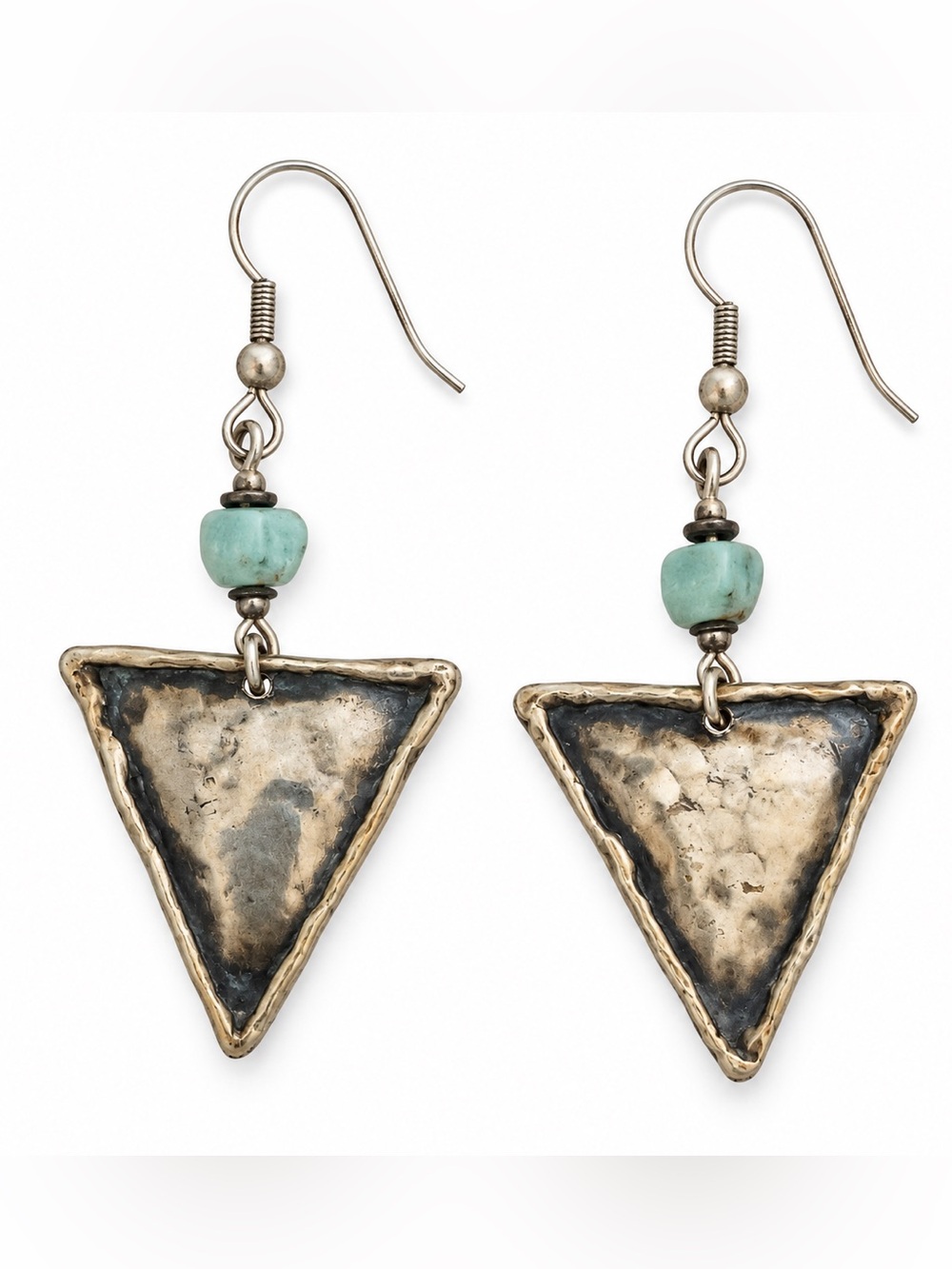 Boho Mixed Metal Hammered Triangle Drop Earrings with Turquoise Beads